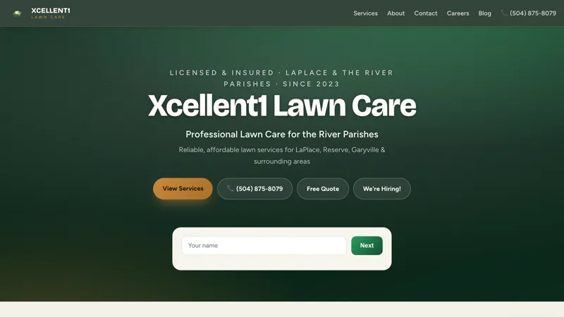 Xcellent1lawncare.com homepage — live screenshot